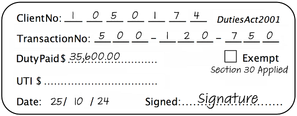 Example of a duty stamp for a section 30 aggregation with 'section 30 applied' written on the stamp