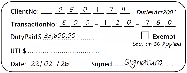 Example of a duty stamp for a section 30 aggregation with 'section 30 applied' written on the stamp