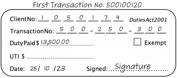 Example of duty stamp for a transfer by direction with the first transaction number written above the stamp