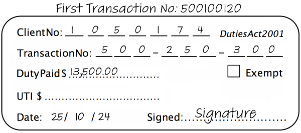 Example of duty stamp for a transfer by direction with the first transaction number written above the stamp