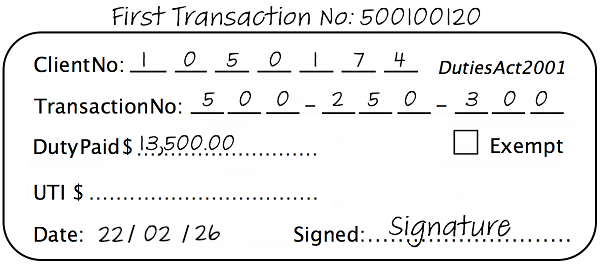 Example of duty stamp for a transfer by direction with the first transaction number written above the stamp