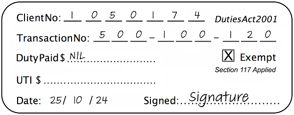 Example of exempt stamp with a cross in the exempt box and exempt section number noted