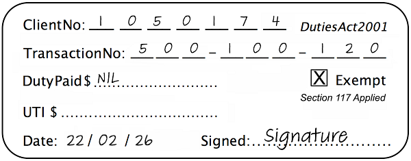 Example of exempt stamp with a cross in the exempt box and exempt section number noted