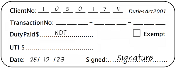 Example of a non-dutiable transaction stamp with 'NDT' noted instead of duty paid