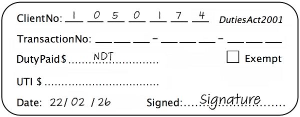 Example of a non-dutiable transaction stamp with 'NDT' noted instead of duty paid