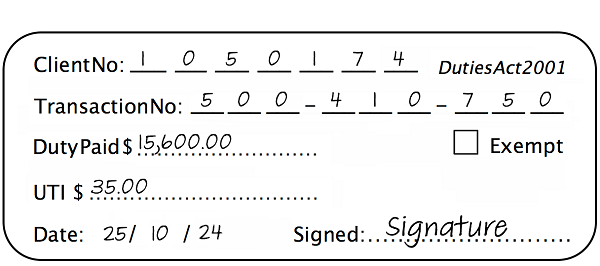 Example of transfer duty stamp with duty paid and UTI noted on the stamp