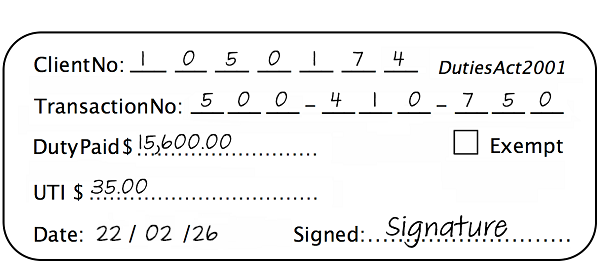 Example of transfer duty stamp with duty paid and UTI noted on the stamp