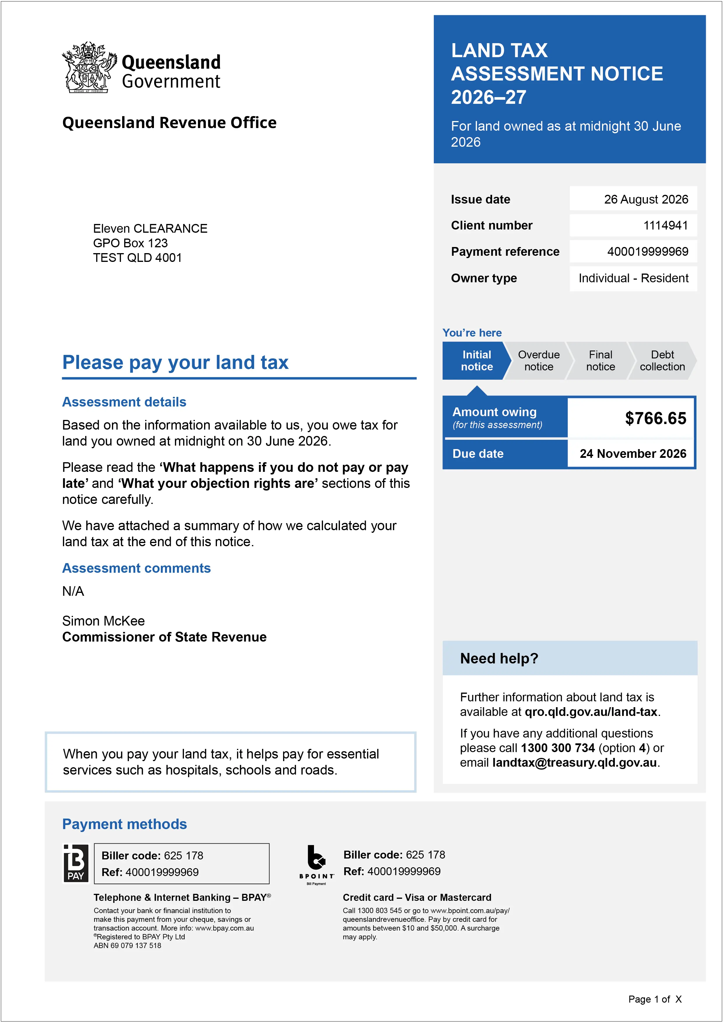 Front page of assessment notice
